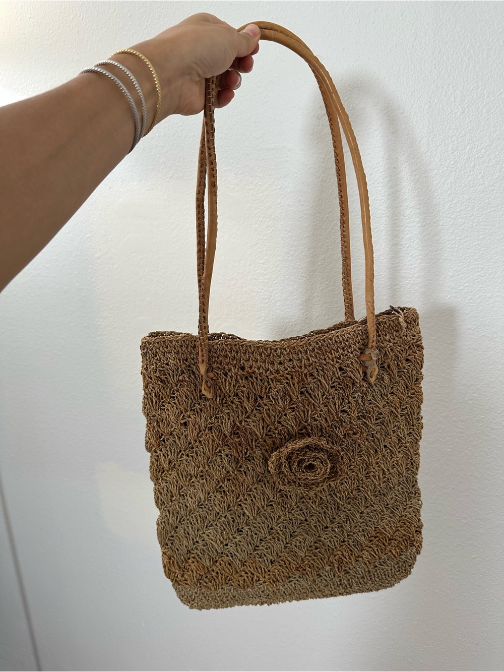 Brown Beige Woven Straw Handmade Tote Bag with Flower Accent & Leather Strap - Picture 8 of 14